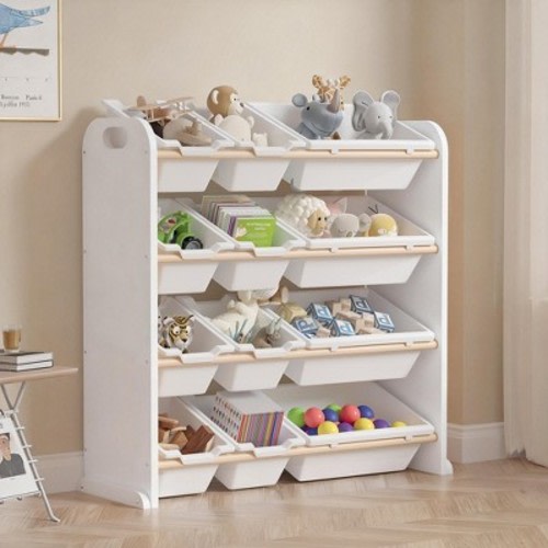 VECELO Kids Bookshelf Toy Storage with 12 Bins, Wooden Toy Rack for Toddlers, Large-Capacity Playroom Storage for Books or Toys, White