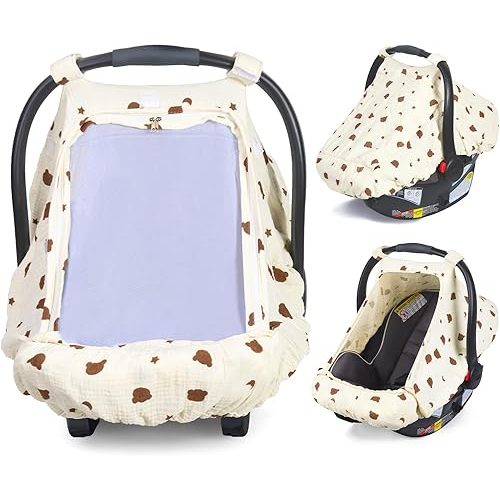 Orzbow Cotton Baby Car Seat Cover, Breathable Car Seat Canopy for Girls Boys with Mesh Window, Lightweight Baby Carrier Cover for Wind, Dust, Sun and Insects Protection, Universal Fit, Beige