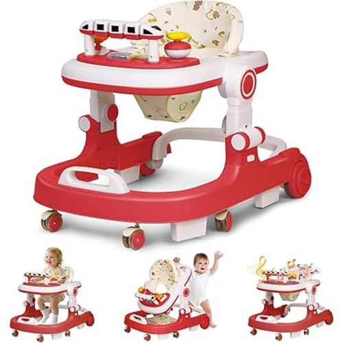 Baby Walker with Wheels, 4 in 1 Foldable Baby Walkers for Boys Girls 6-18 Months, 3 Level Height Adjustment with Bouncing, Feeding Tray & Music, Baby Walker with Activity Center, Toddler Push Walker