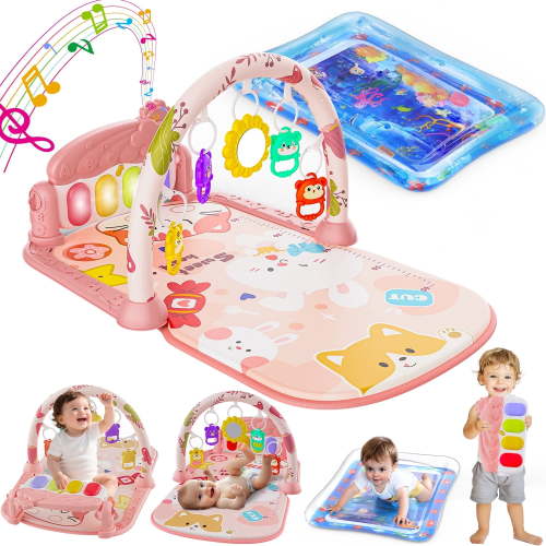 WonderStone Baby Gym Playmat for Infant,Tummy Time Water Mat with 5 Infant Sensory Baby Toys & Musical Piano Activity for 0-36 Months Boys Girls,Pink