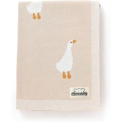 mimixiong Baby Blanket Knit Receiving Boys Girls Blanket Soft Cotton Neutral Blanke for Swaddle Crib Stroller with Cute Goose Beige 30x40 Inch