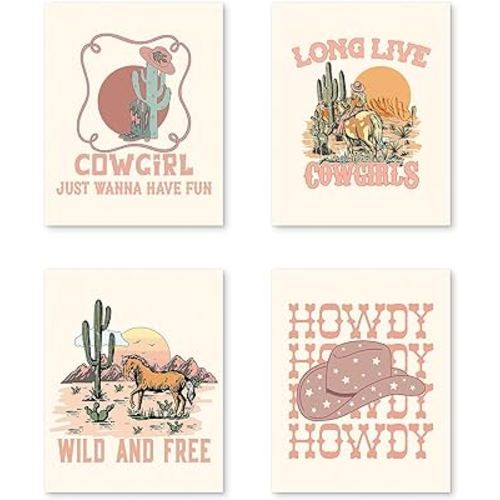 PUHEI Retro Western Howdy Cowgirl Wall Art Prints Set of 4,Western Nursery Decor Girl, Western Room Decor For Teen Girls, Cowgirl Nursery Decor (Unframed), Western Boho Bedroom Decor, 8 x 10 In