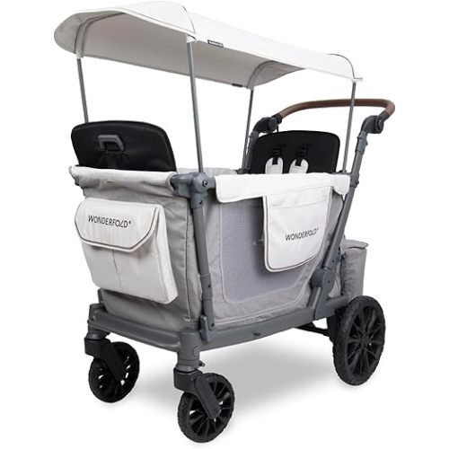 WonderFold L2 Collapsible Stroller Wagon with Aluminum Frame - Adjustable Canopy & Push Handle - All-Terrain Wheels - Built-in Storage - for Babies, Toddlers & Kids - 2 Seater - Gray