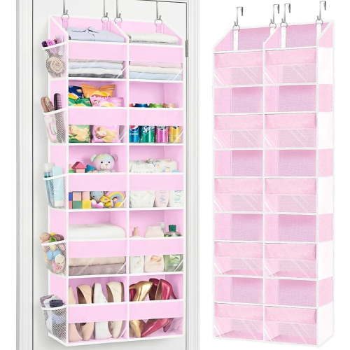 Pink Over The Door Organizer 5 Tiers, Extra Large Behind Door Storage of 10 Compartments, 50 lbs Weight Capacity Over The Door Storage for Closet, Diaper Organizer