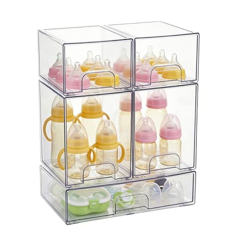 UFORU Baby Bottle Organizer,Stackable 5‑Pack Storage Drawers with Pads | Bottle Organizer for Countertop,Clear Acrylic storage Bins,Non‑Slip,Pull‑Out Drawers for Makeup,Bathroom,Vanity,Cabinet