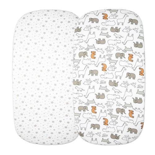 Cloud Baby Bassinet Sheet 32"x16" (2 Pack) - 100% Organic Jersey Cotton, Breathable and Soft for Baby Boy Girl Newborn Infant Unisex (Zoo Animals and Stars)