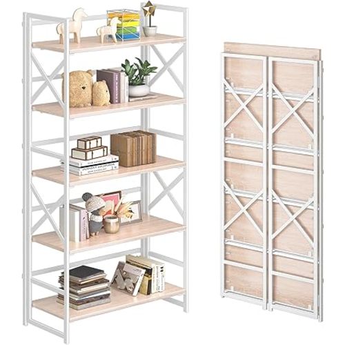 4NM 5 Tiers No Assembly Book Shelves, 51.2" H Folding Bookshelf Bookcase Open Industrial Foldable Shelves for Bedroom, Living Room, Home Office - Natural White