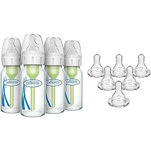 Dr. Brown’s Anti-Colic Narrow Glass Baby Bottles 8 oz 4-Pack with Level 1 Nipples + Level 2 Medium Flow Narrow Silicone Nipples 6-Pack Bundle, BPA Free, 0m+ and 3m+