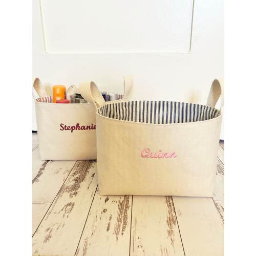 Personalized Storage Basket, Custom Diaper Caddy for Baby Shower Gift, Embroidered Monogram Toy Bin, Canvas Fabric Nursery Basket with Name