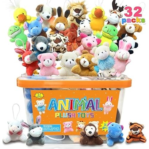 32Pcs Mini Plush Animals Toy Set Assortment Easter Christmas Bulk Stuffed Keychain Party Favors for Kids Small Animals Decorations Toys Carnival Prizes Birthday Goodie Bag Fillers