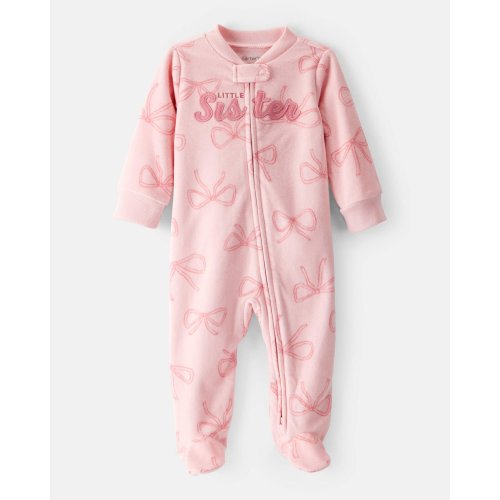 Baby Girl 'Little Sister' Bow Print Fleece Sleep & Play Pajamas - Pink | Carter's