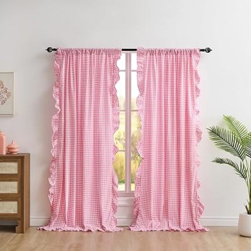 Pink White Plaid Gingham Ruffle Curtains 2 Panels W52”xH84