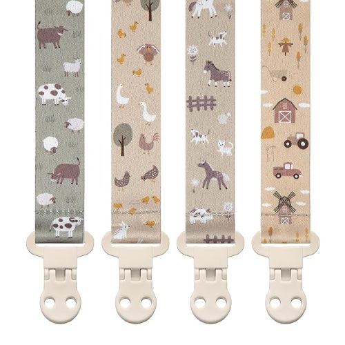 Stadela Baby Pacifier Clip Holder - Girl or Boy Unisex 4 Pack Gift Set – Farm Animals Barn and Tractors Neutral