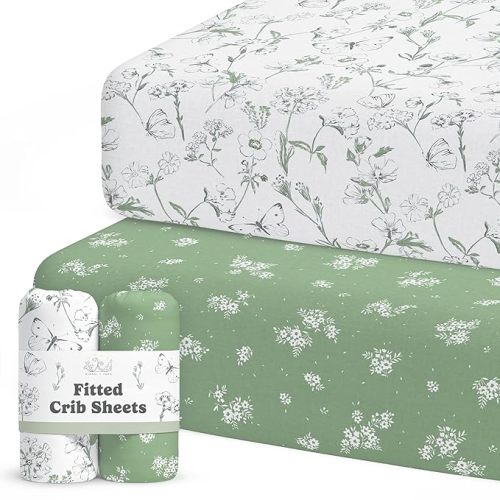 Crib Sheets Neutral - Fitted Baby Crib Sheets Bed for Girl Boy - 2 Pack Standard & Toddler Mattress (Butterfly Garden) - Buttery Soft Organic Cotton Blend