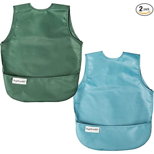 Tiny Twinkle Mess Proof Baby Bibs | 2 Pack Waterproof Toddler Bib for Eating | Baby Apron for Feeding, Machine Washable, Perfect Shower Gift (Slate Olive, 6–24M)