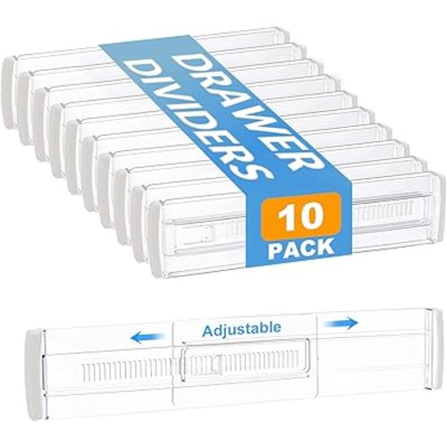 Upgraded Snap-on Drawer Dividers 3.2" High, 10 Pack Drawer Organisers Adjustable Expandable from 11"-20", Clear Plastic Separators for Home Kitchen Bathroom Storage & Organisation.