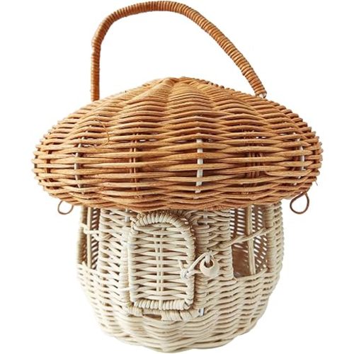 Mushroom Basket with Lid, Easter Basket for Kids, 10 Inch Mushroom Storage Basket, Handmade Rattan Basket, Portable Picnic Basket, Woven Shelf Organizer for Doll House, Home Decoration, Photo Prop