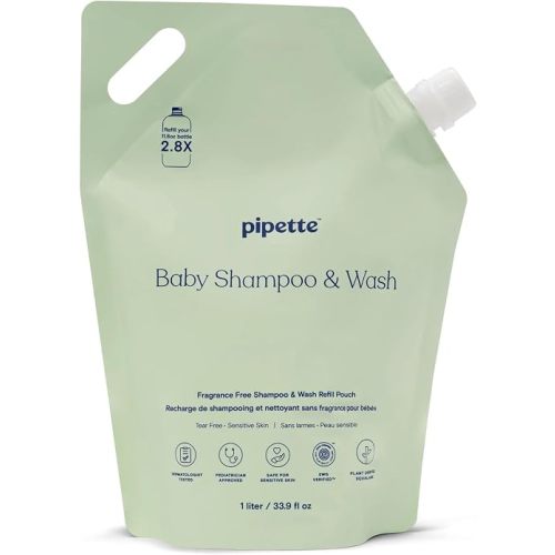 Pipette Unscented Baby Shampoo & Wash Refill (33.9 oz) | Tear-Free Hair & Body Wash, Moisturizing Squalane Cleanser for Sensitive Skin