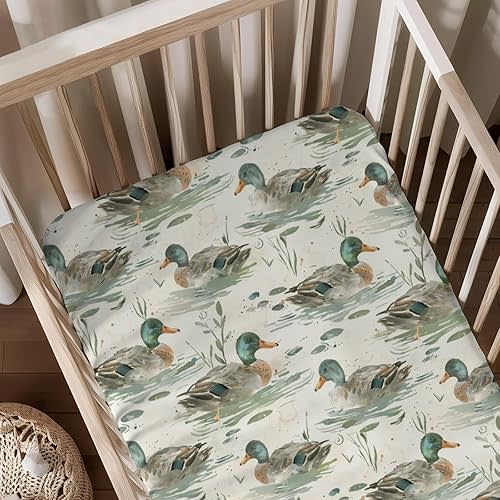Cute Ducks Pattern Baby Sheets for Crib, Unisex Mallard Ducks Leaves Nursery Fitted Bed Sheet for Boys Girls Standard Crib and Toddler Mattress-28x52
