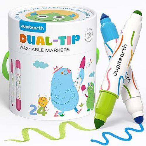 JUPITEARTH Washable Dual Tip Markers for Toddlers 1-3, 24 Colors