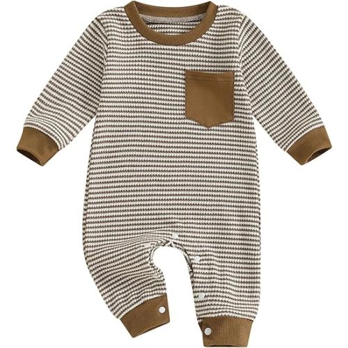 VISGOGO Newborn Infant Baby Boy Waffle Cotton Romper Clothes Onesie Stripe Jumpsuit 0 3 6 12 18 Months Long Sleeve Outfits