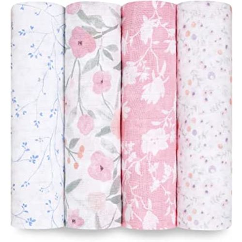 aden + anais Boutique Muslin Swaddle Blanket for Baby Girls and Boys, Newborn Receiving Blanket for Swaddling, 100% Muslin Cotton Swaddle Wrap, 4 Pack, Mon Fleur