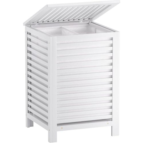 SMIBUY Double Laundry Hamper with Lid, 120L Bamboo Laundry Basket with Removable Liner Bag, 2-Section Clothes Divider Laundry Sorter for Laundry Room, Bathroom, Bedroom (White)