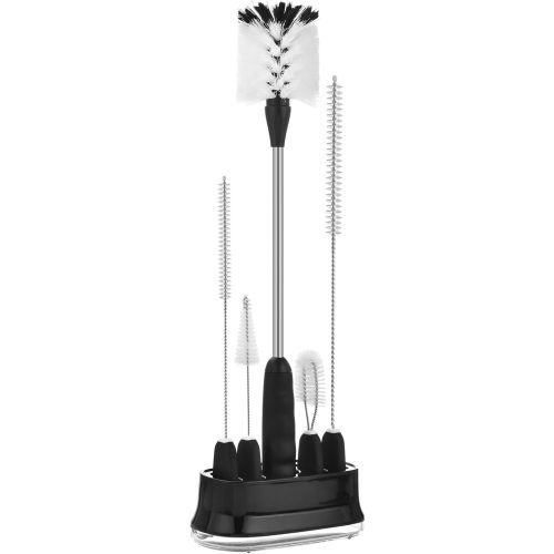 ALINK 5 Pack Bottle Brush Cleaning Set with Holder, Bottle Cleaner with Stand, Straw Nipple Lid Brush for Stanley， Yeti, Owala Tumblers, Starbucks, Mason Jar, Glasses, Jugs - Black