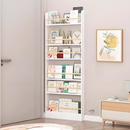 Wooden 3/4/5/6 Tier Behind The Door Bookshelf, Tall Narrow Floor Standing Bookcase, Space-Saving Storage Organizer for Books, Bedroom, Living Room, Office White 19.7x3.9x70.2