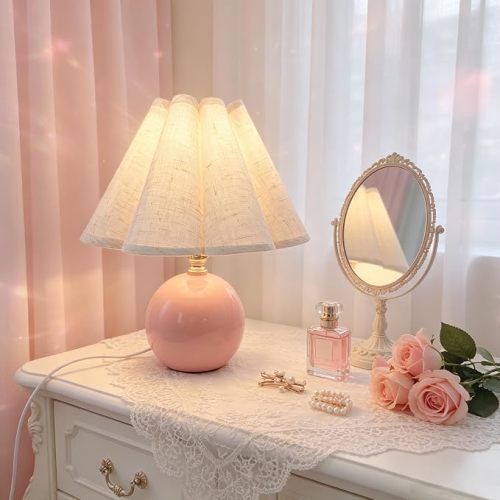 Small Ceramic Table Lamp, 11.5'' Cute Scalloped Lamp (Pink)