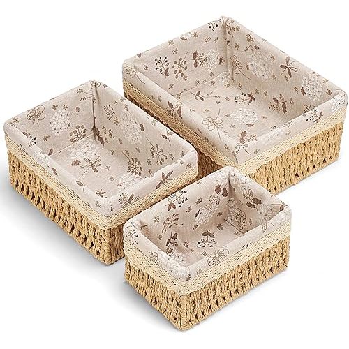Amaredom Floral Wicker Baskets, Handwoven Multi-size 3-Pack Storage Baskets Set, Perfect For Home Organizing, Storage and Décor - Beige