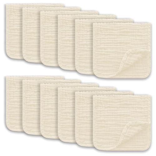 Muslin Burp Cloths Large 100% Cotton Hand Washcloths for Boys & Girls, Baby Essentials Extra Absorbent and Soft Burping Rags for Newborn Registry (Ivory, 12-Pack, 20" X10")