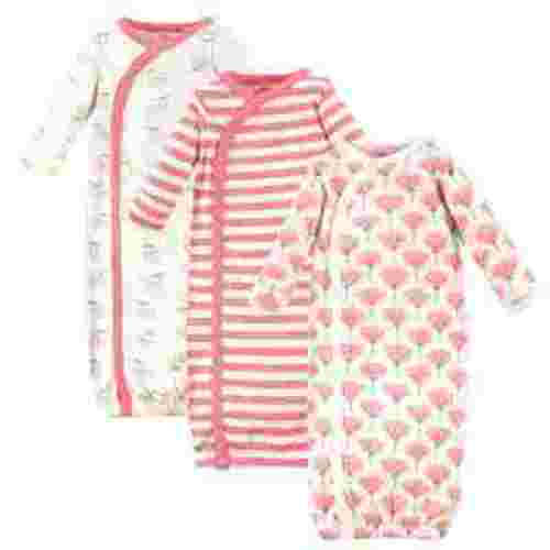 Touched by Nature Baby Girl Organic Cotton Side-Closure Snap Long-Sleeve Gowns 3pk, Tulip, Preemie