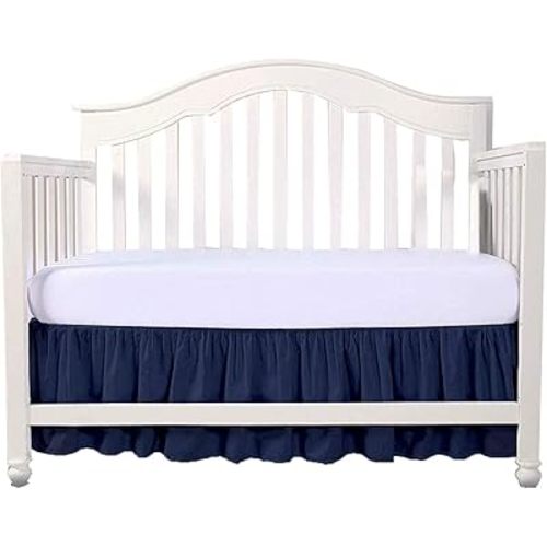 Crib Bed Skirt 28” x 52” with 14” Drop – Split Corners Dust Ruffle, Microfiber - Breathable, Durable, Elastic Adjustable Fit, Soft Nursery Bedding for Baby Boys & Girls, Navy Blue Solid