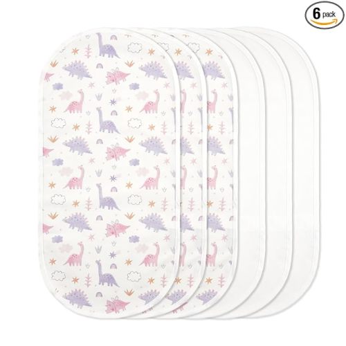 TILLYOU Waterproof Changing Pad Liners 6 Pack, 100% Cotton Reusable Cloth Diaper Liners, Dinosaur