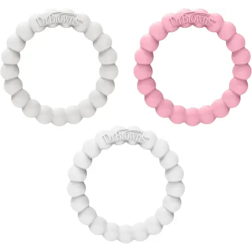 Dr. Brown’s Flexees Beaded Teether Rings, 100% Silicone, Soft & Easy to Hold, Encourages Self-Soothe, 3 Pack, Pink, White, Gray, BPA Free, 3m+