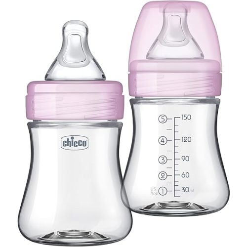 Chicco Duo 5oz Hybrid Baby Bottle, Real Glass Inside, Lightweight Plastic Outside, Patented Invinci-Glass Technology, Intui-Latch Nipple, 2-Pack, Clear/Pink