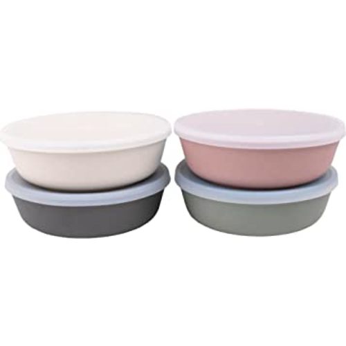WeeSprout Bamboo Kids Bowls with Lids, Set of Four 15 oz Kid-Sized Dinnerware, Cereal, Leftovers & Snack Bowl, Dishwasher Safe (Pink, Green, Gray, & Beige)