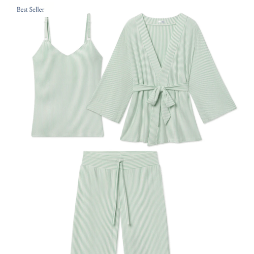 LAKE DreamModal™ Pajamas | Parisian Green Pencil Stripe Maternity Kimono Bundle