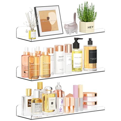 Qukaka Floating Shelves for Wall Decor, 15" Extra Clear Wall Shelves for Bedroom, Living Room, Kitchen, Bathroom Decor, Nail Polish/Book/Decoration/Makeup/Perfume Organizer Floating Shelf-3Pack