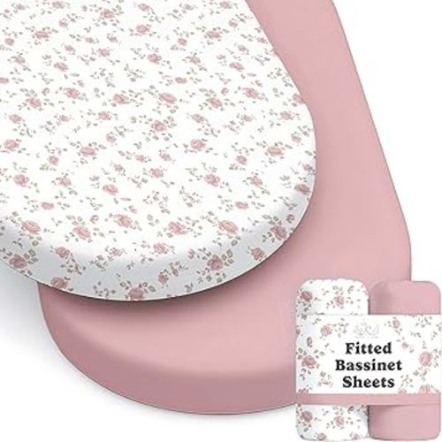 Baby Bassinet Sheets Girl (Juliette) 2-Pack - Fitted Bedside Bassinet Sheets - Buttery Soft Cotton Blend for Standard Bassinet Mattress Pad - Compatible with Halo Bassinest