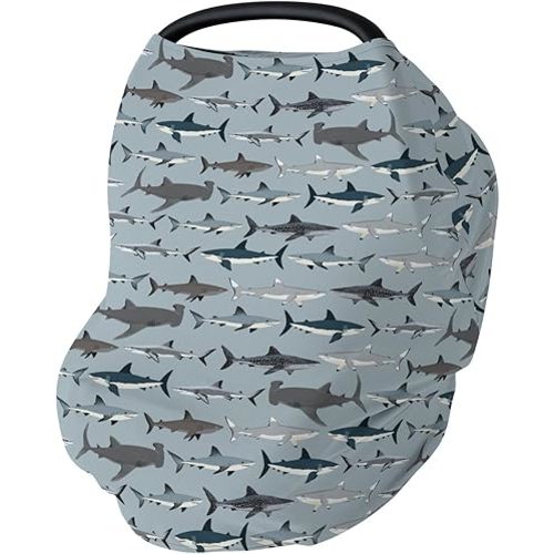 Sharks Boho Neutral Baby Car Seat Covers Sea Shark Species Stretchy 5-in-1 Cover Adjustable Car Canopy Breastfeeding Cover Marine Ocean Shark Lover Gifts Breathable Nursing Cover-Up