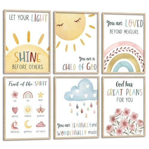 Kids Bible Verses Wall Art Nursery Inspirational Christian Wall Decor Posters Scripture Rainbow Canvas Paintings Prints for Children's Bedroom Classroom School Christian Gifts 8x10 Unframed