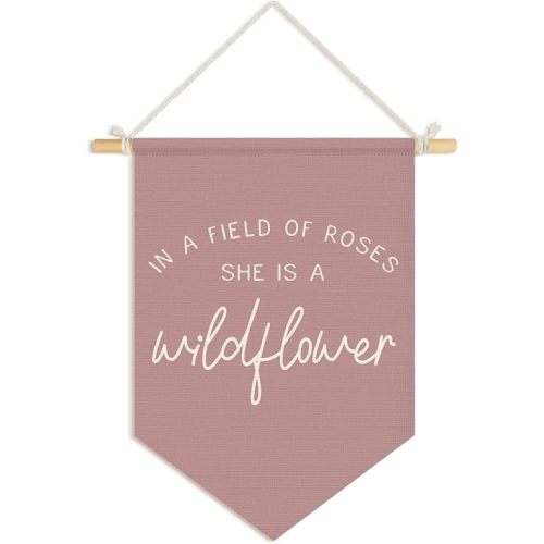 Wheatwin Girl Nursery Decor, in a Field of Roses She Is a Wildflower Wall Hanging Pennant Flag Banner, Wildflower Nursery Wall Decor for Toddler Baby Girls Room Bedroom Playroom 15x11 Inch