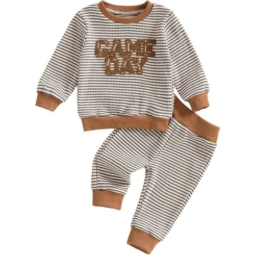 fhutpw Baby Toddler Boy Girl Fall Winter Clothes Embroidery Stripe Pullover Pants Sets Infant Long Sleeve Sweatshirt Outfits