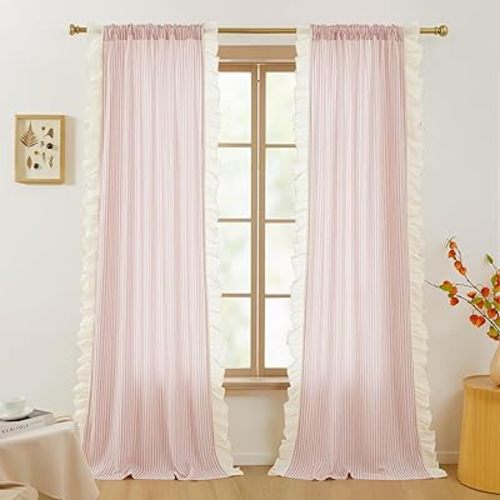 RYB HOME Linen Striped Ruffle Curtains Light Filtering Semi-Sheer 84 inches Long, Vertical Boho Farmhouse Home Decor for Living Room Bedroom Pinstripe Printed, Pink, W52 x L84, 2 Panels