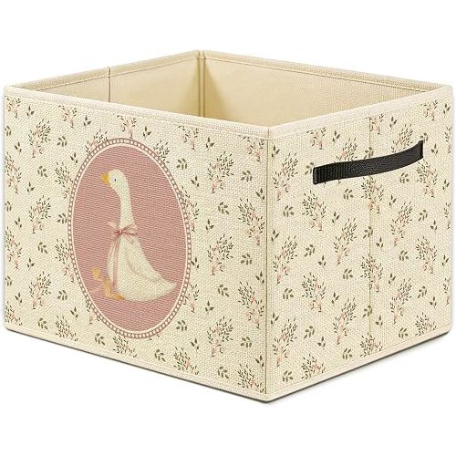Coquette Pink Bow Goose Floral Storage Bin Box, Goose Nursery Decor, Cottagecore Flower Animal Foldable Laundry Basket Toys Books Clothes Organizer for Girls Kids Room Playroom Decor