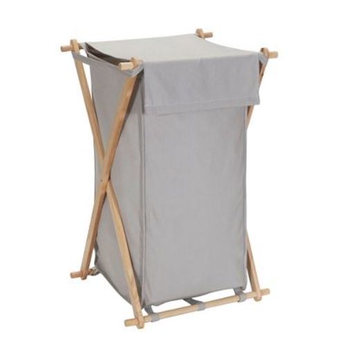 X-Frame Wood Laundry Hamper, Folding Wood Frame with Washable Gray Poly-Cotton Bag