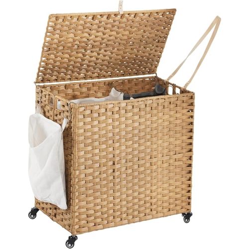 Laundry Hamper with Wheels, 39.6 Gallon(150L) Rolling Laundry Basket with Lid, Removable Large 2 Color Liners & 3 Mesh Laundry Bags, Clothes Hamper with Side Pocket, Natural
