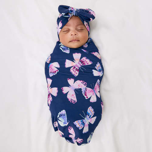Royal Butterflies Swaddle & Luxe Bow Headband Set | Little Sleepies